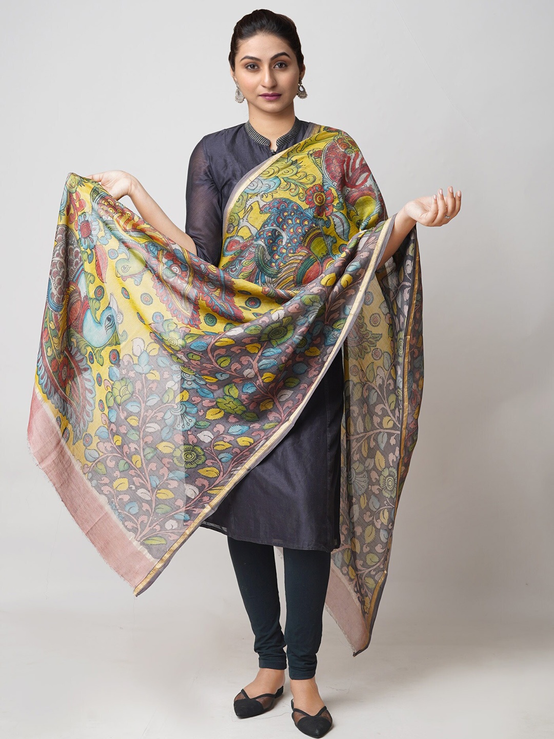 

Unnati Silks Ethnic Motifs Printed Cotton Silk Kalamkari Dupatta with Zari, Yellow