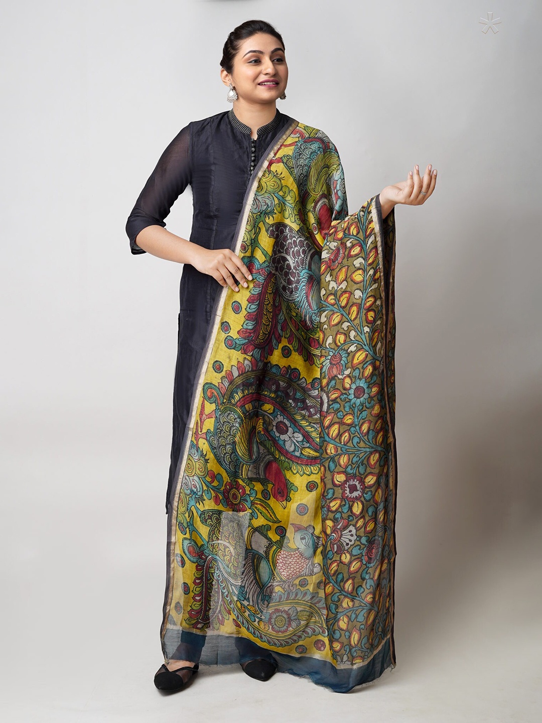 

Unnati Silks Ethnic Motifs Printed Zari Cotton Silk Kalamkari Dupatta, Yellow