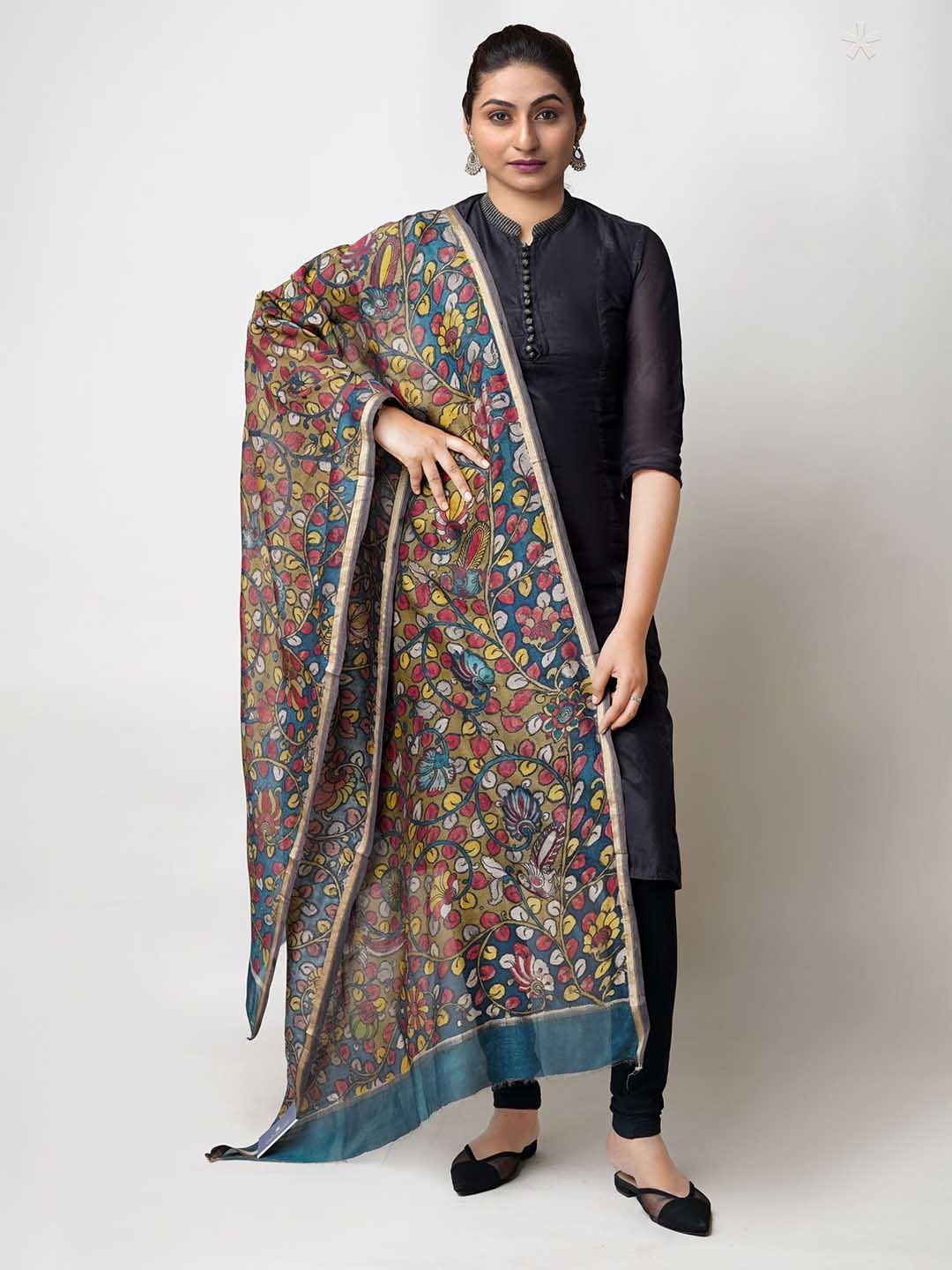 

Unnati Silks Ethnic Motifs Printed Cotton Silk Kalamkari Dupatta, Green