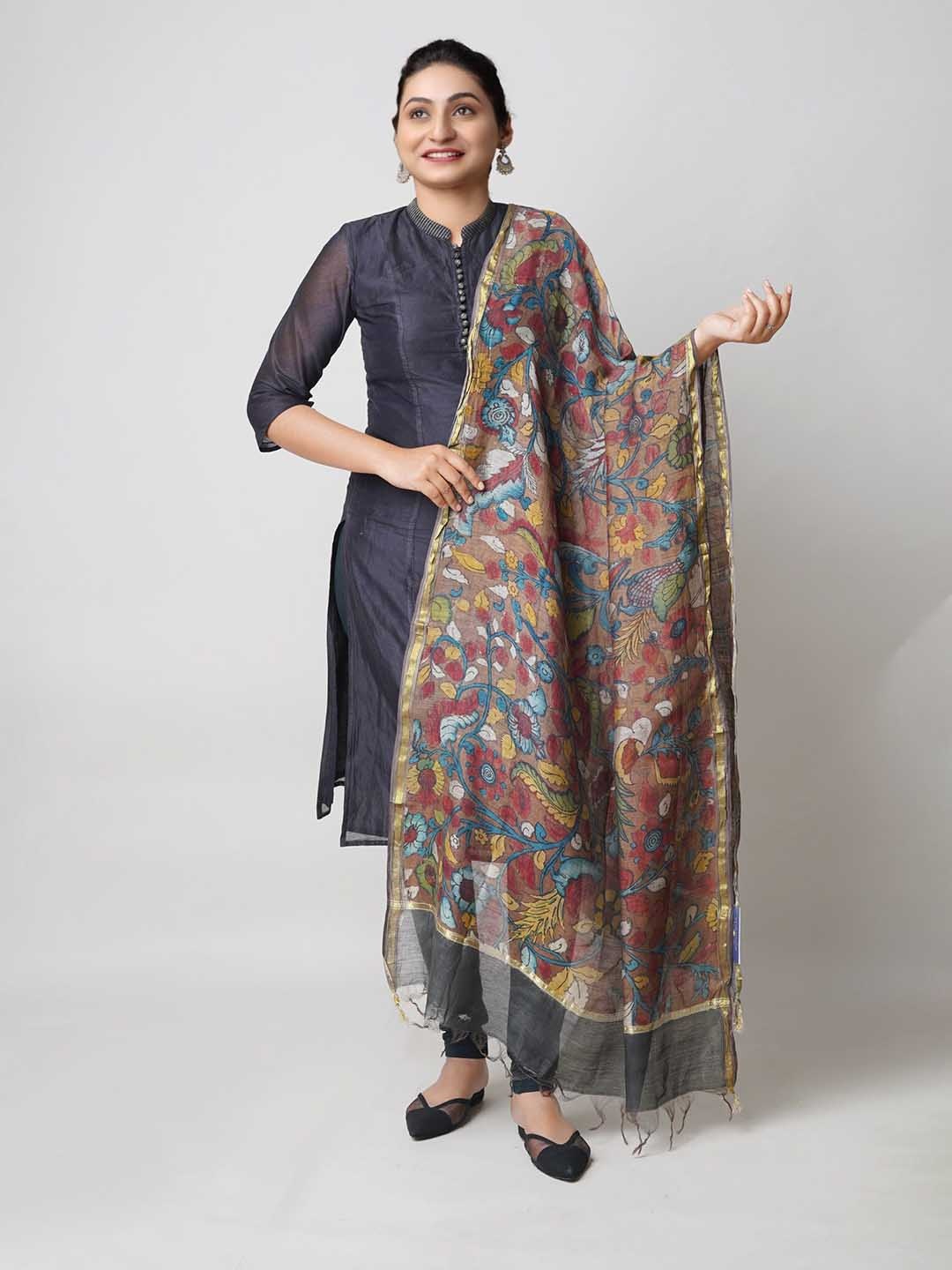 

Unnati Silks Ethnic Motifs Printed Zari Cotton Silk Kalamkari Dupatta, Brown