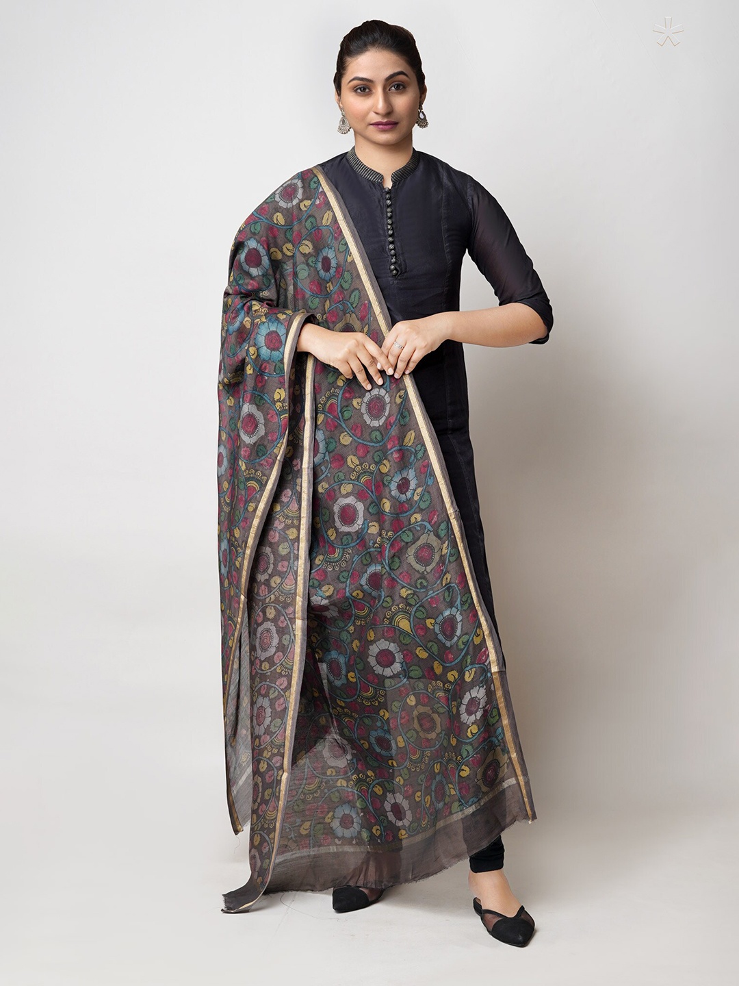 

Unnati Silks Ethnic Motifs Printed Cotton Silk Kalamkari Dupatta, Brown