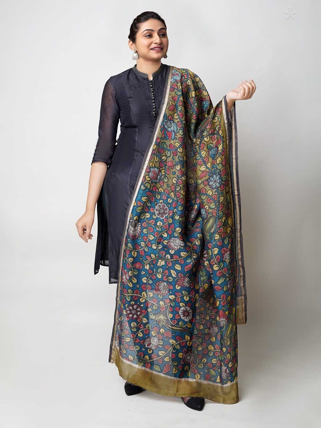 

Unnati Silks Ethnic Motifs Printed Zari Cotton Silk Kalamkari Dupatta, Blue