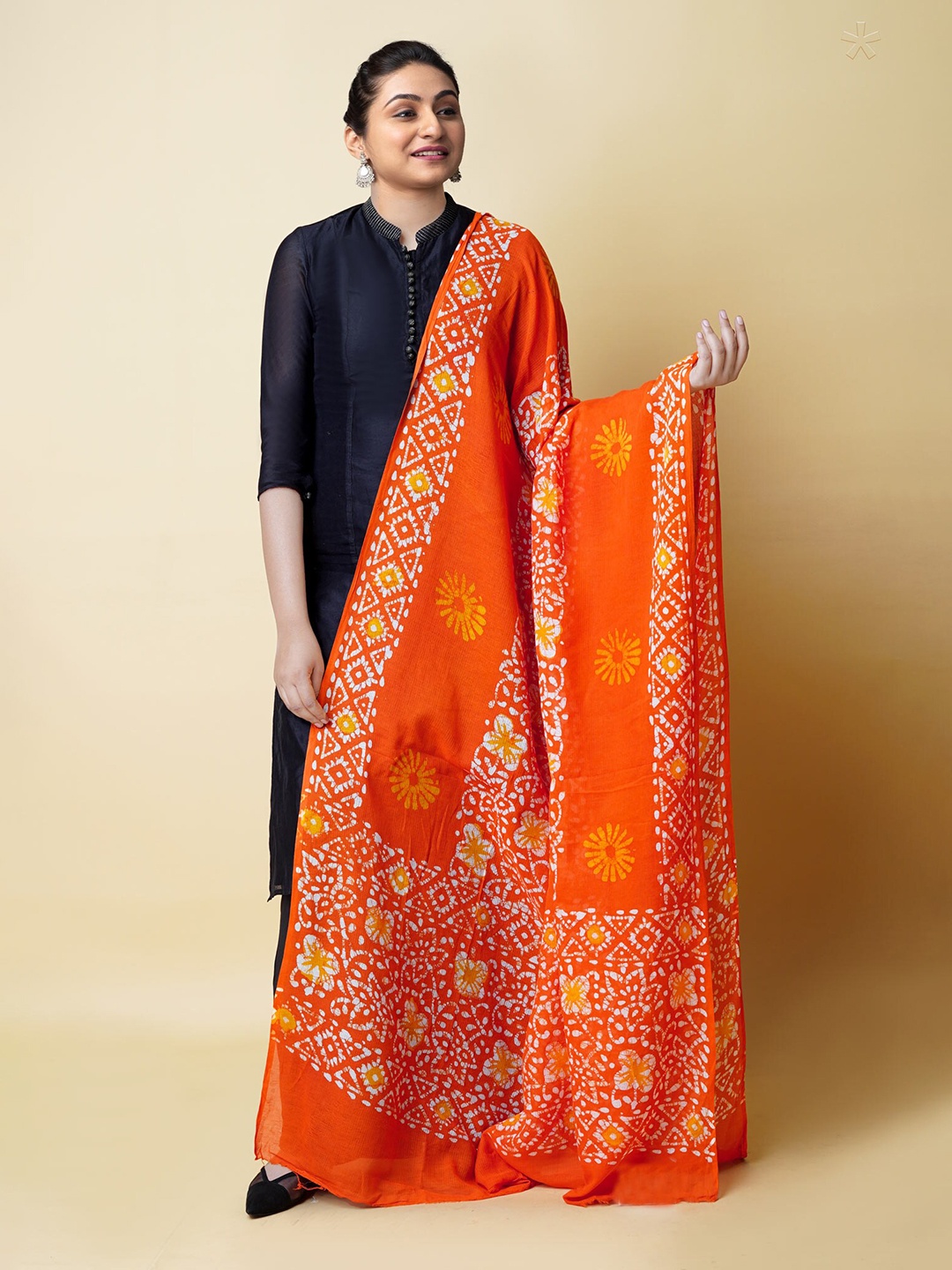 

Unnati Silks Ethnic Motifs Printed Pure Cotton Batik Dupatta, Orange