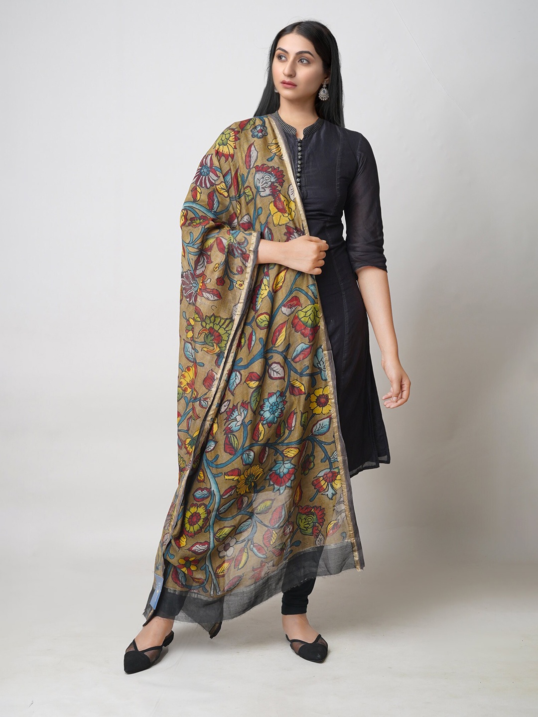 

Unnati Silks Ethnic Motifs Printed Cotton Silk Kalamkari Dupatta, Brown