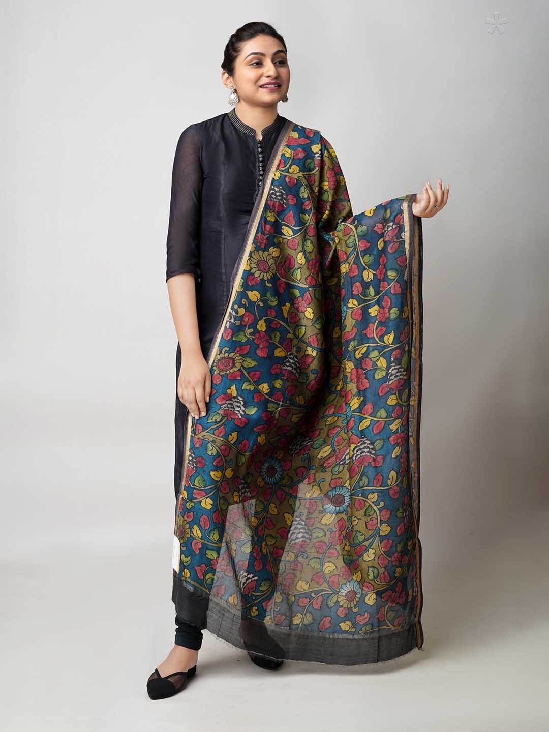 

Unnati Silks Ethnic Motifs Printed Cotton Silk Kalamkari Dupatta, Green