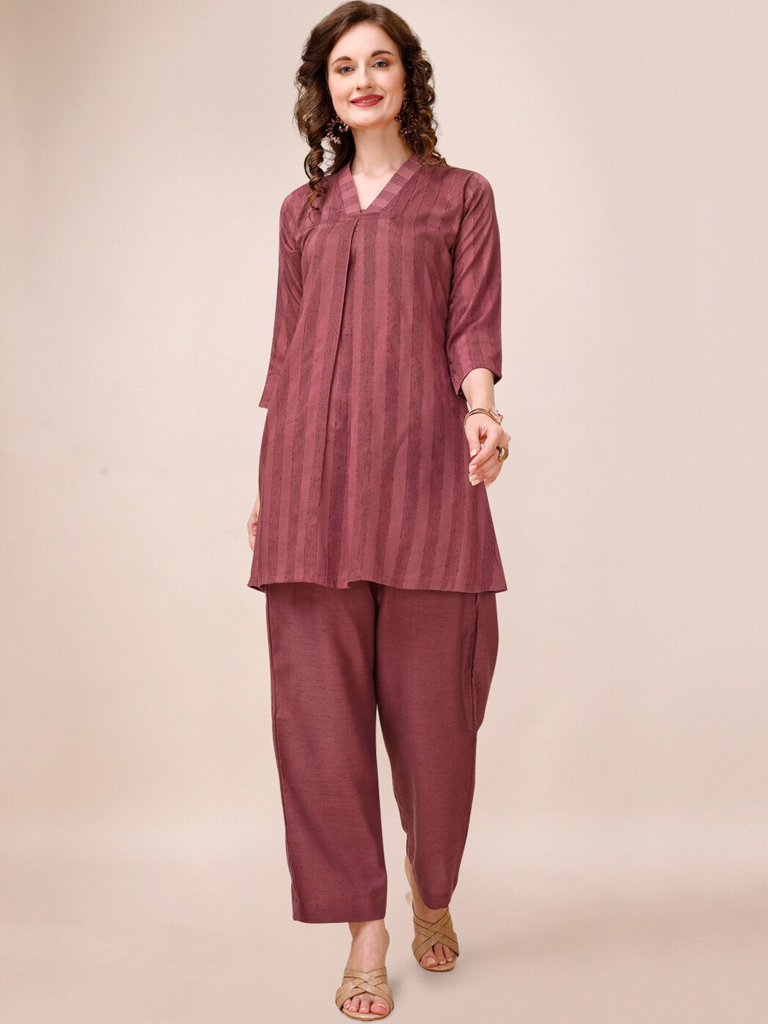 

KALINI Striped V-Neck Kurta with Palazzos, Rust