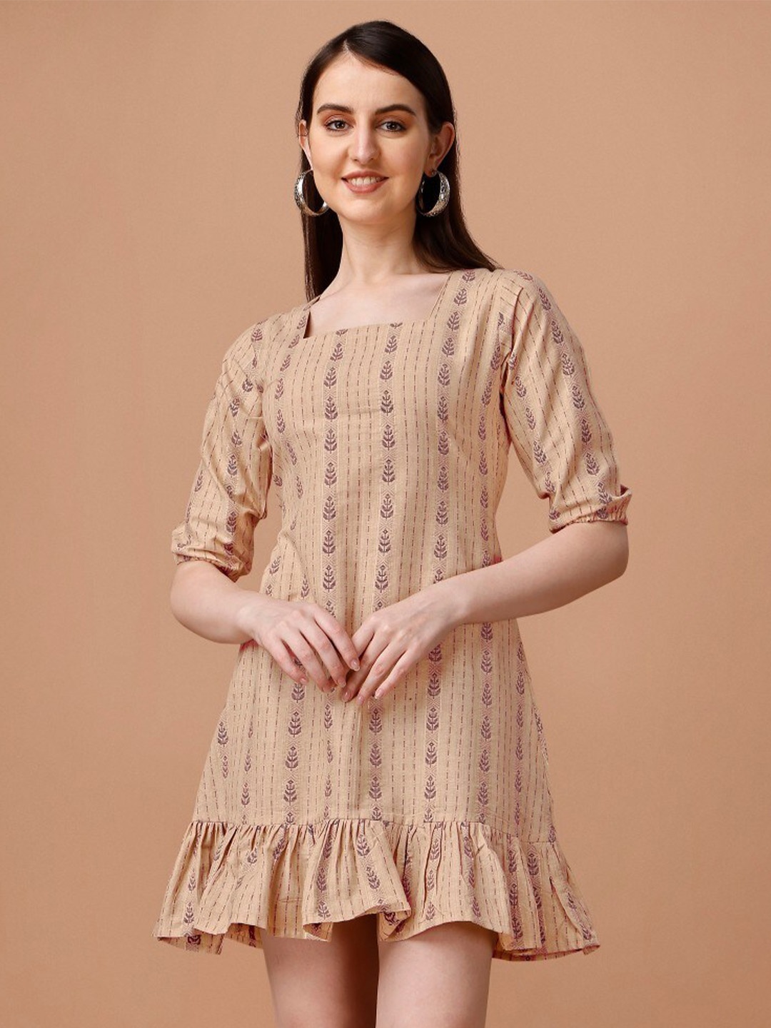 

Anouk Floral Printed Cotton A-Line Dress, Beige