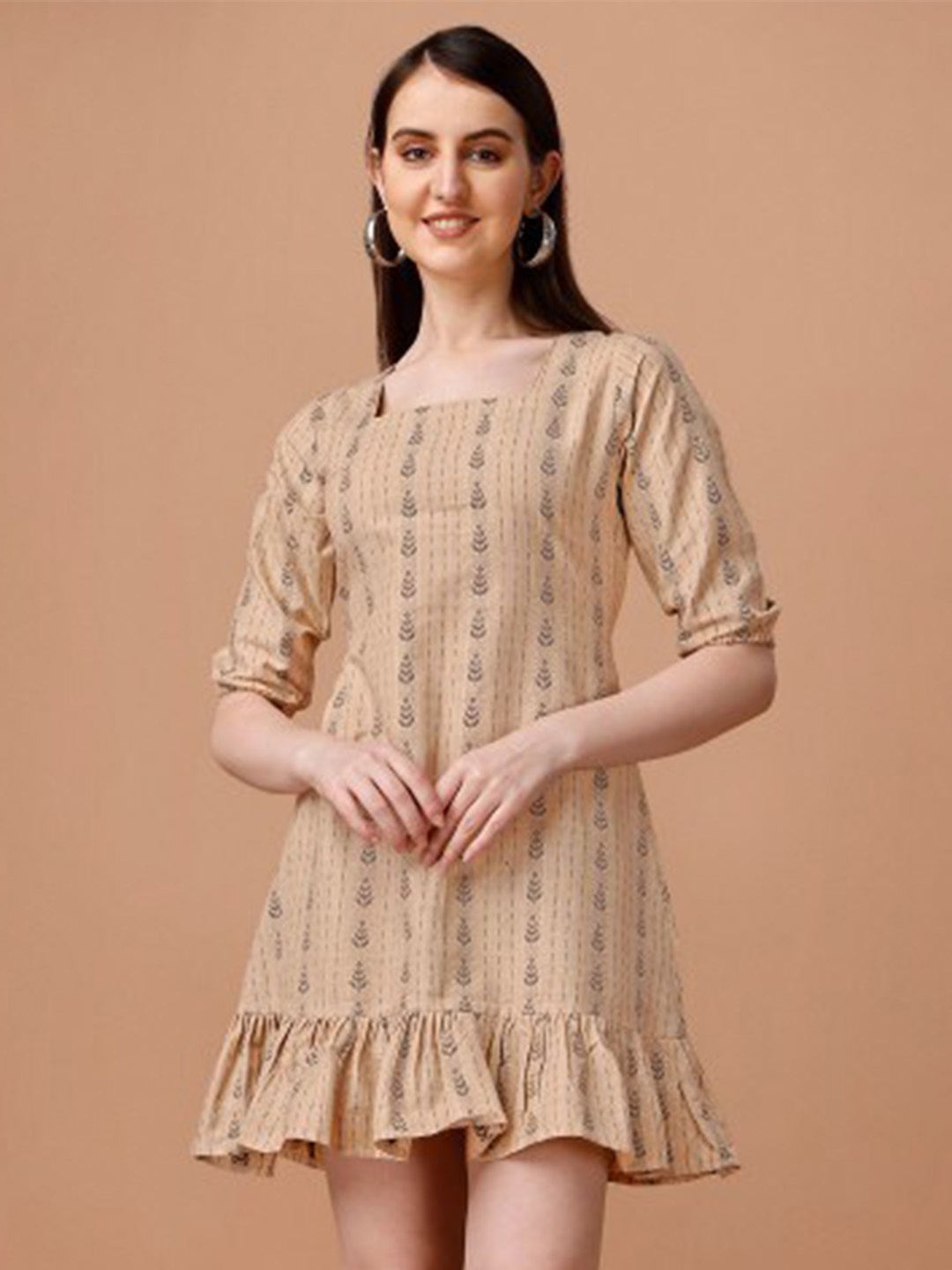 

Anouk Floral Printed Cotton A-Line Dress, Beige