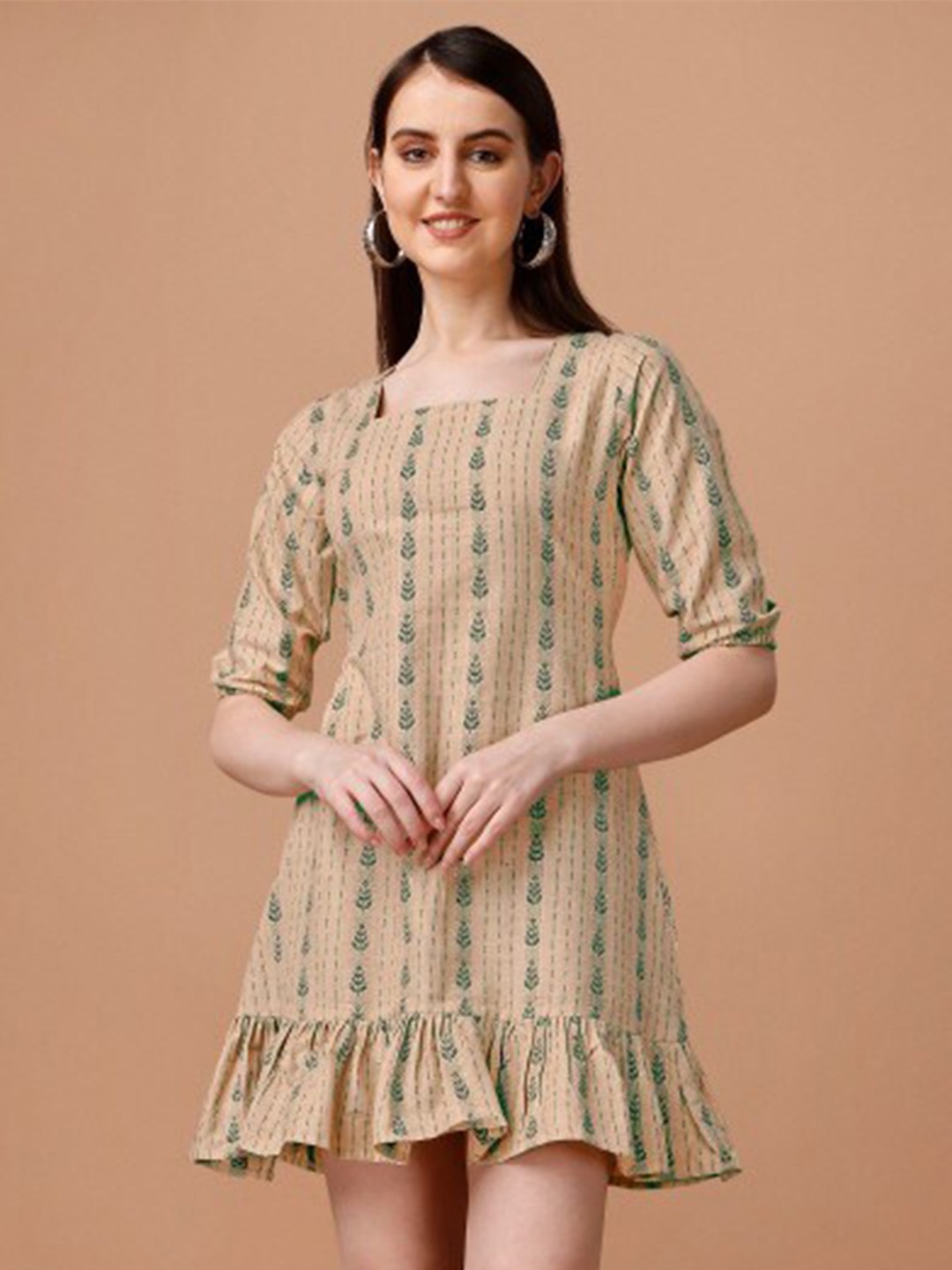 

Anouk Floral Printed Cotton A-Line Dress, Beige