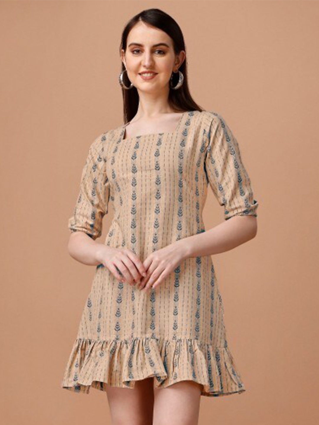 

Anouk Floral Printed Cotton A-Line Dress, Beige