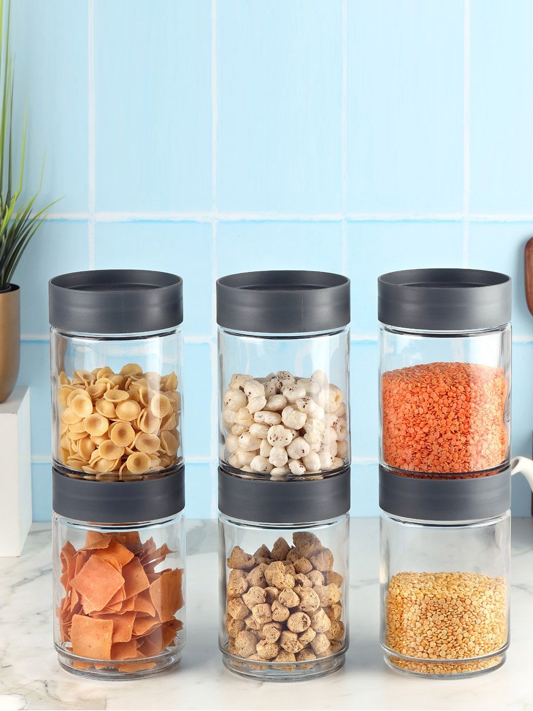 

Cello Modustack 6-Pcs Transparent & Grey Airtight Glass Canisters-1.5 L Each