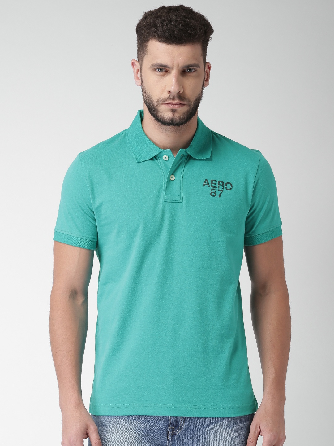 

Aeropostale Men Green Solid Polo Collar Pure Cotton T-shirt