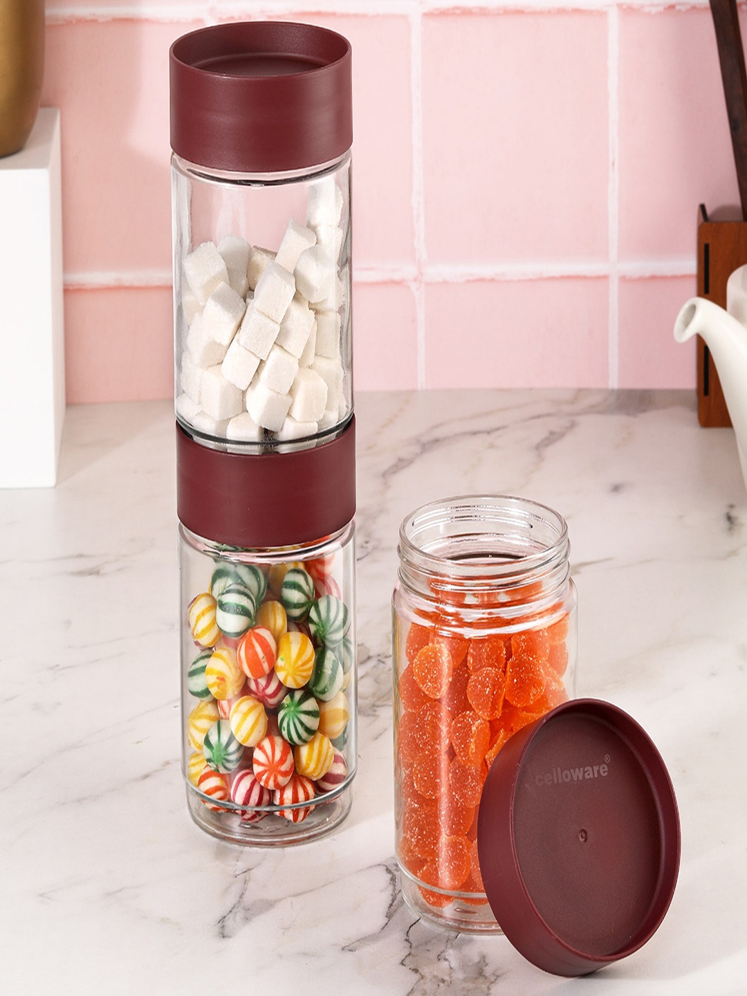 

Cello Modustack 3-Pcs Maroon & Transparent Airtight Glass Canisters-750 ML Each