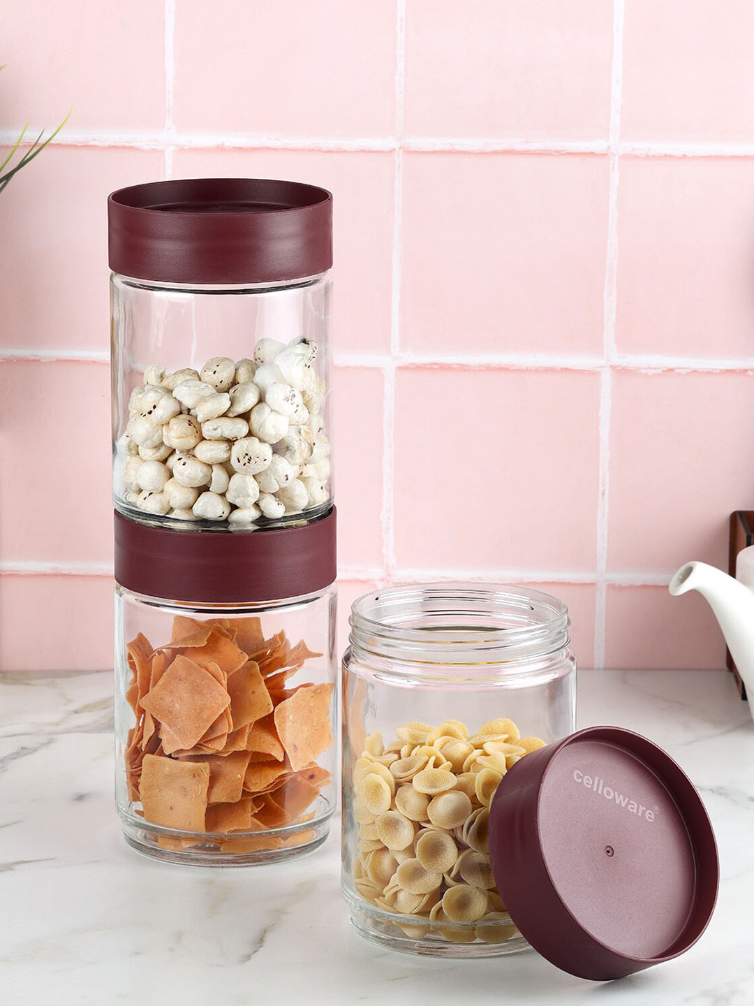 

Cello Modustack 3 Pieces Maroon Storage Glass Containers- 1500 ML Each