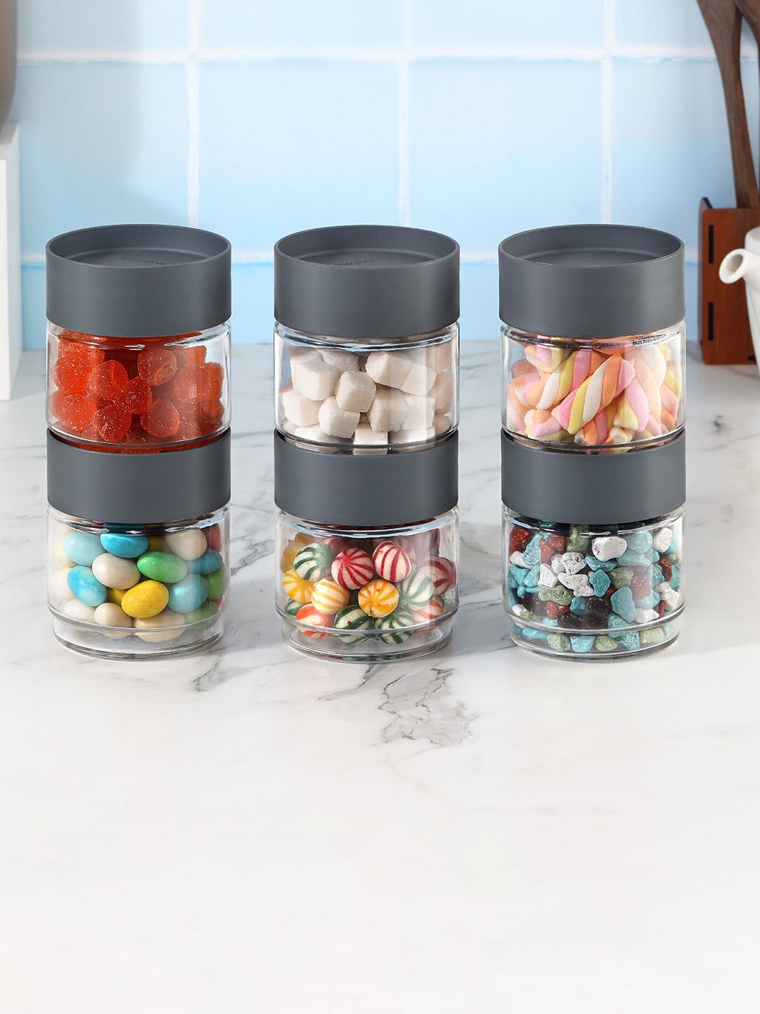 

Cello Modustack 6-Pcs Grey & Transparent Airtight Glass Canisters-500 ML Each
