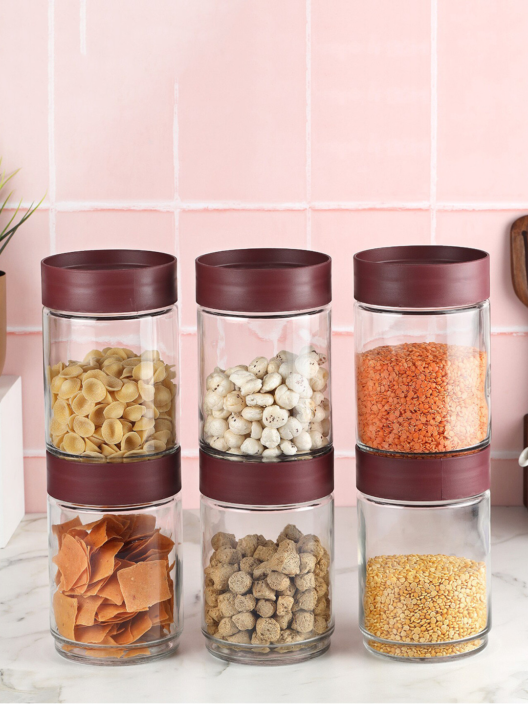 

Cello Modustack 6-Pcs Maroon & Transparent Airtight Glass Canisters-1.5 L Each