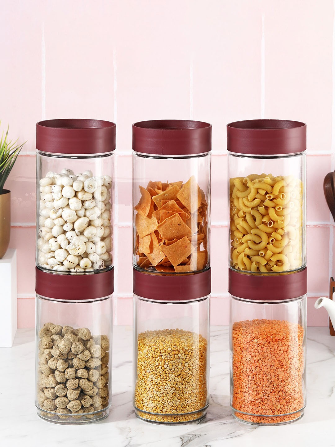 

Cello Modustack 6 Pieces Grey Storage Glass Containers- 2 L Each, Maroon