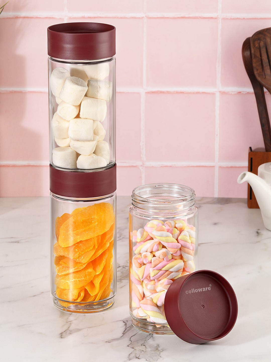 

Cello Modustack 3-Pcs Maroon & Transparent Airtight Glass Canisters-1 Ltr Each
