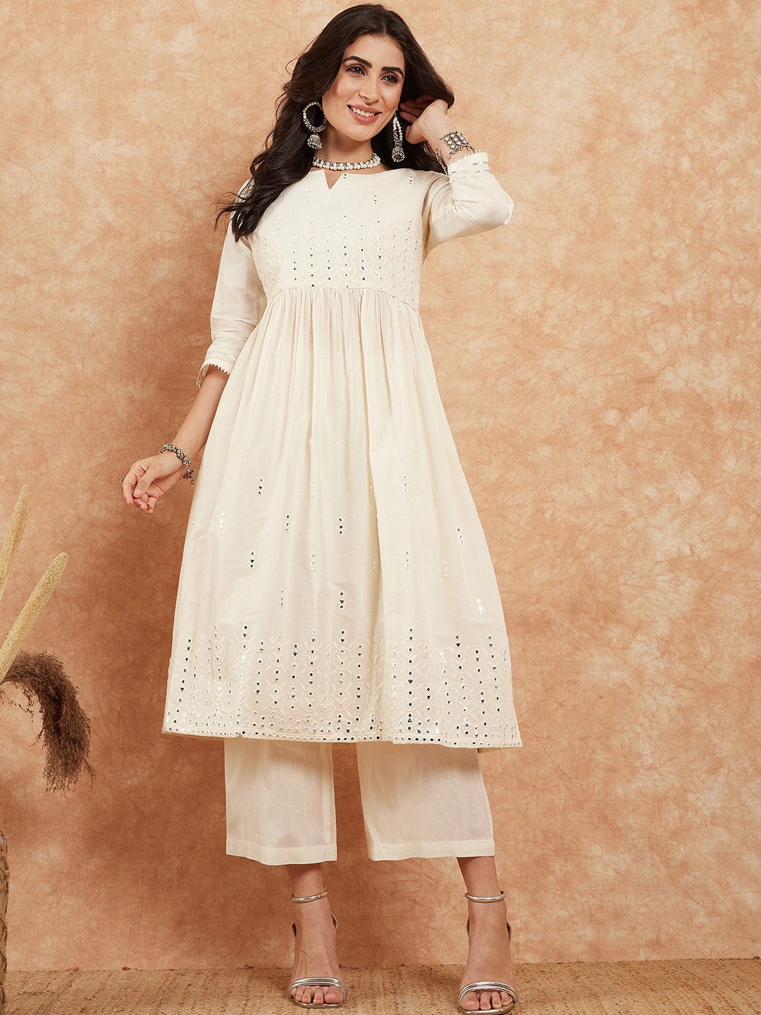 

House of Pataudi Embroidered Pure Cotton A-Line Kurta With Palazzo Set, Off white