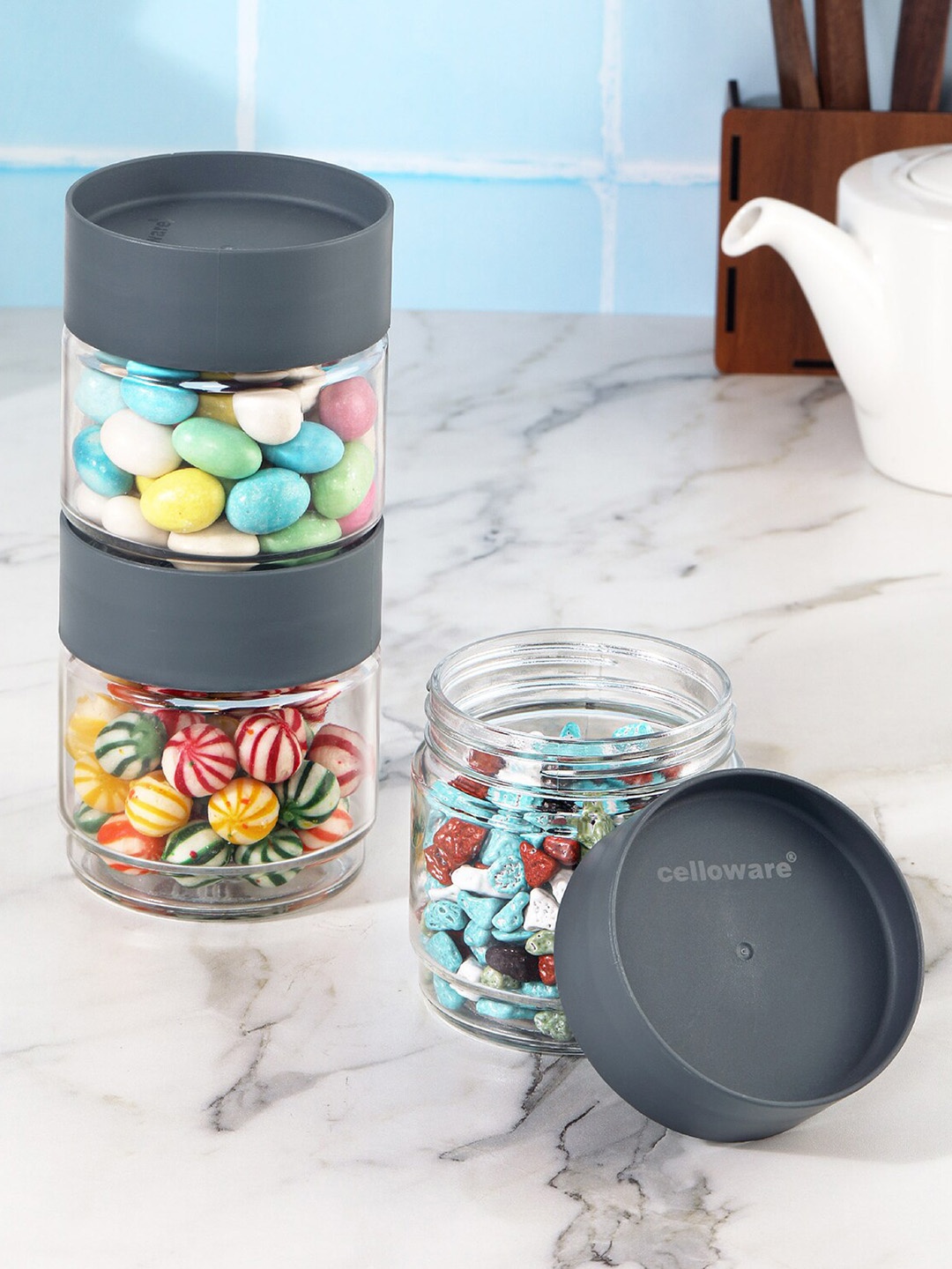 

Cello Modustack 3-Pcs Grey & Transparent Airtight Glass Canisters-500 ML Each