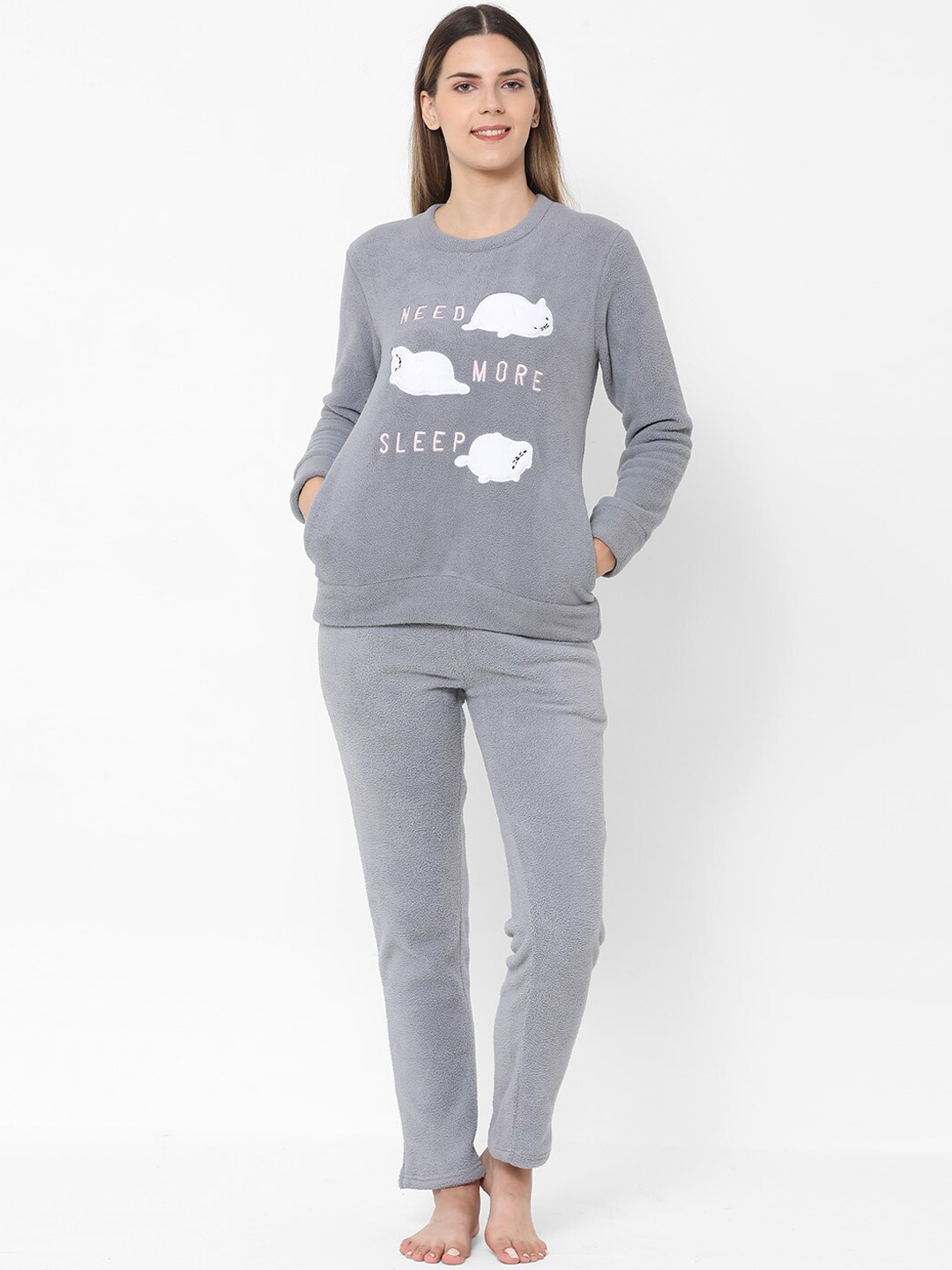 

Sweet Dreams Graphic Embroidered Night Suit, Grey
