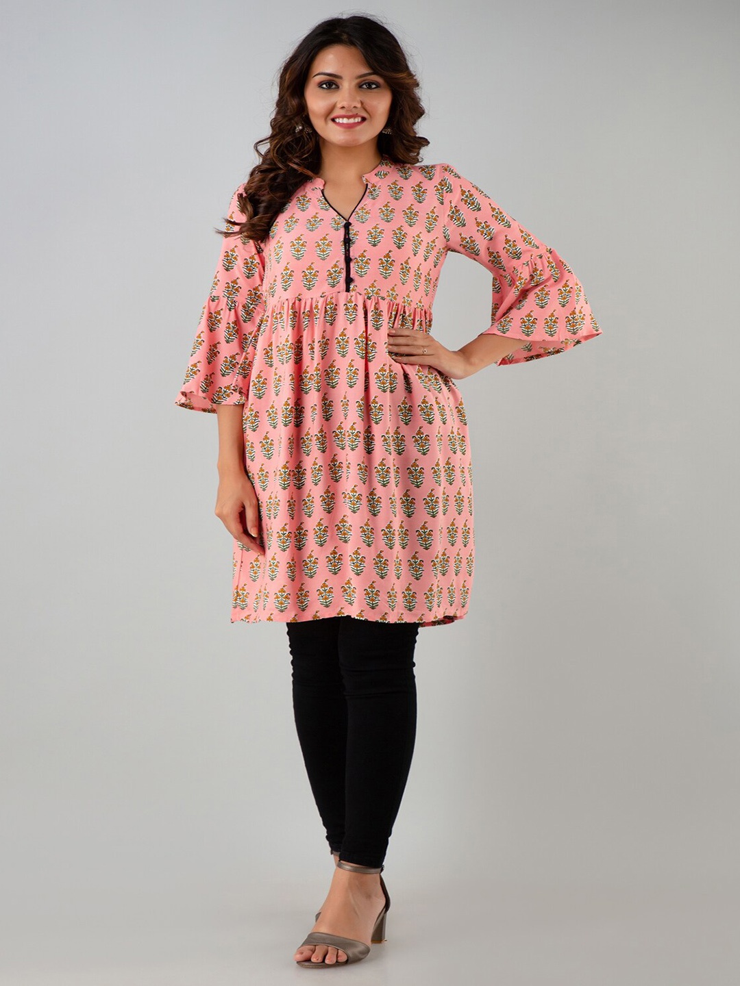

RANGMAYEE Floral Block Printed Mandarin Collar Bell Sleeves A-Line Liva Kurti, Pink