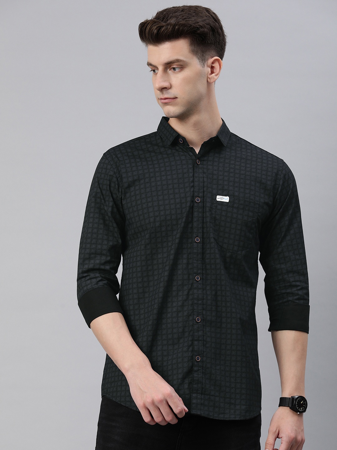 

Majestic Man Men Comfort Slim Fit Opaque Checked Pure Cotton Casual Shirt, Black