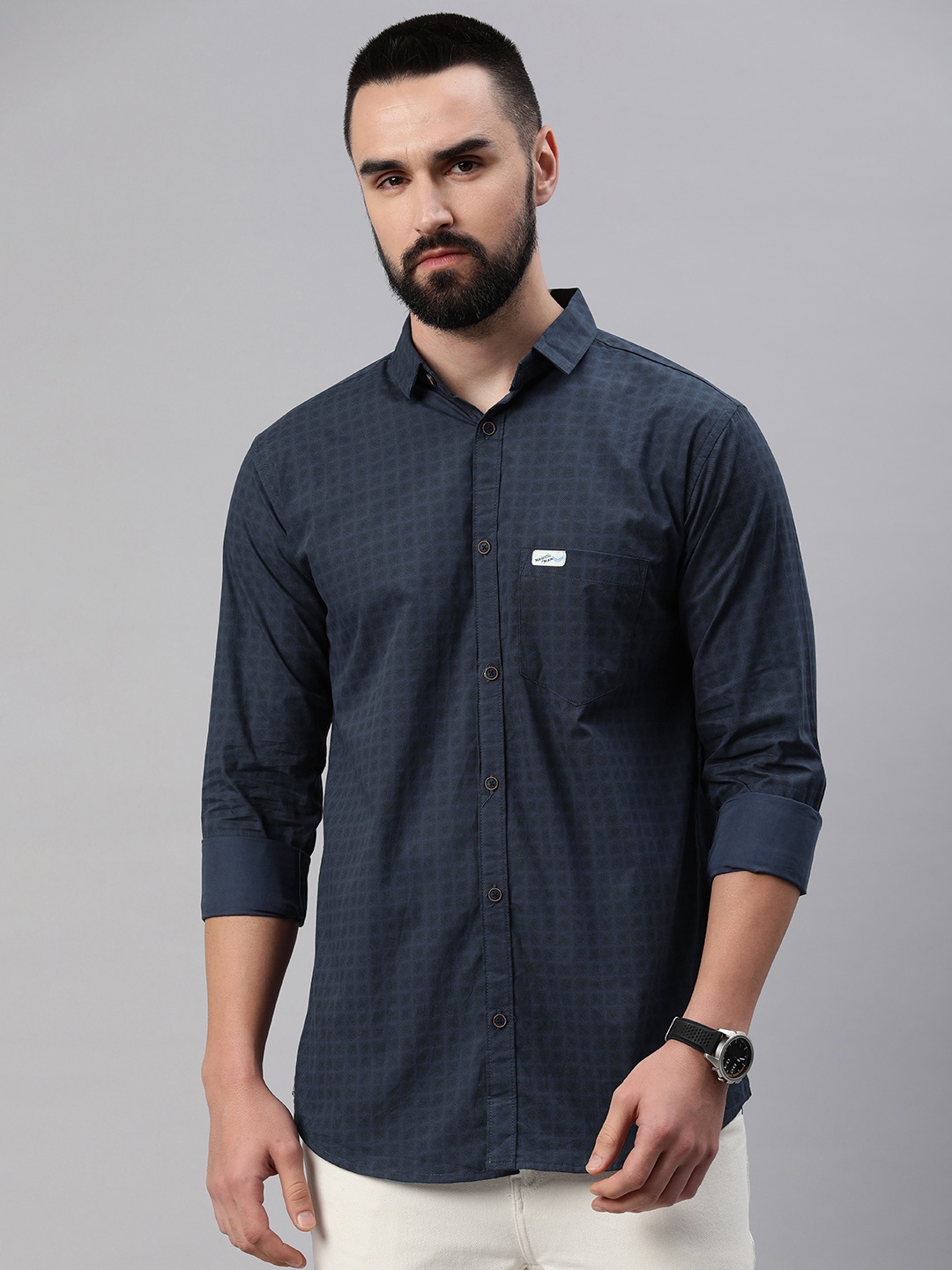 

Majestic Man Men Comfort Slim Fit Opaque Checked Pure Cotton Casual Shirt, Navy blue
