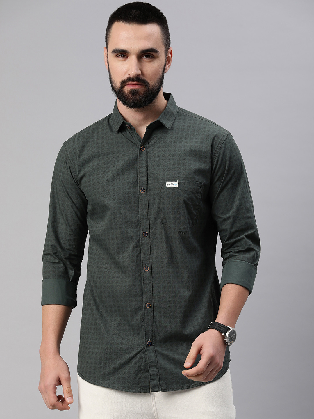 

Majestic Man Men Comfort Slim Fit Opaque Checked Pure Cotton Casual Shirt, Green