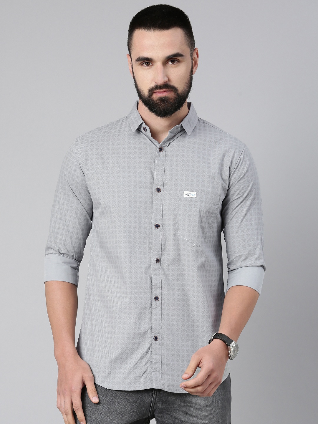 

Majestic Man Men Comfort Slim Fit Checked Pure Cotton Casual Shirt, Grey