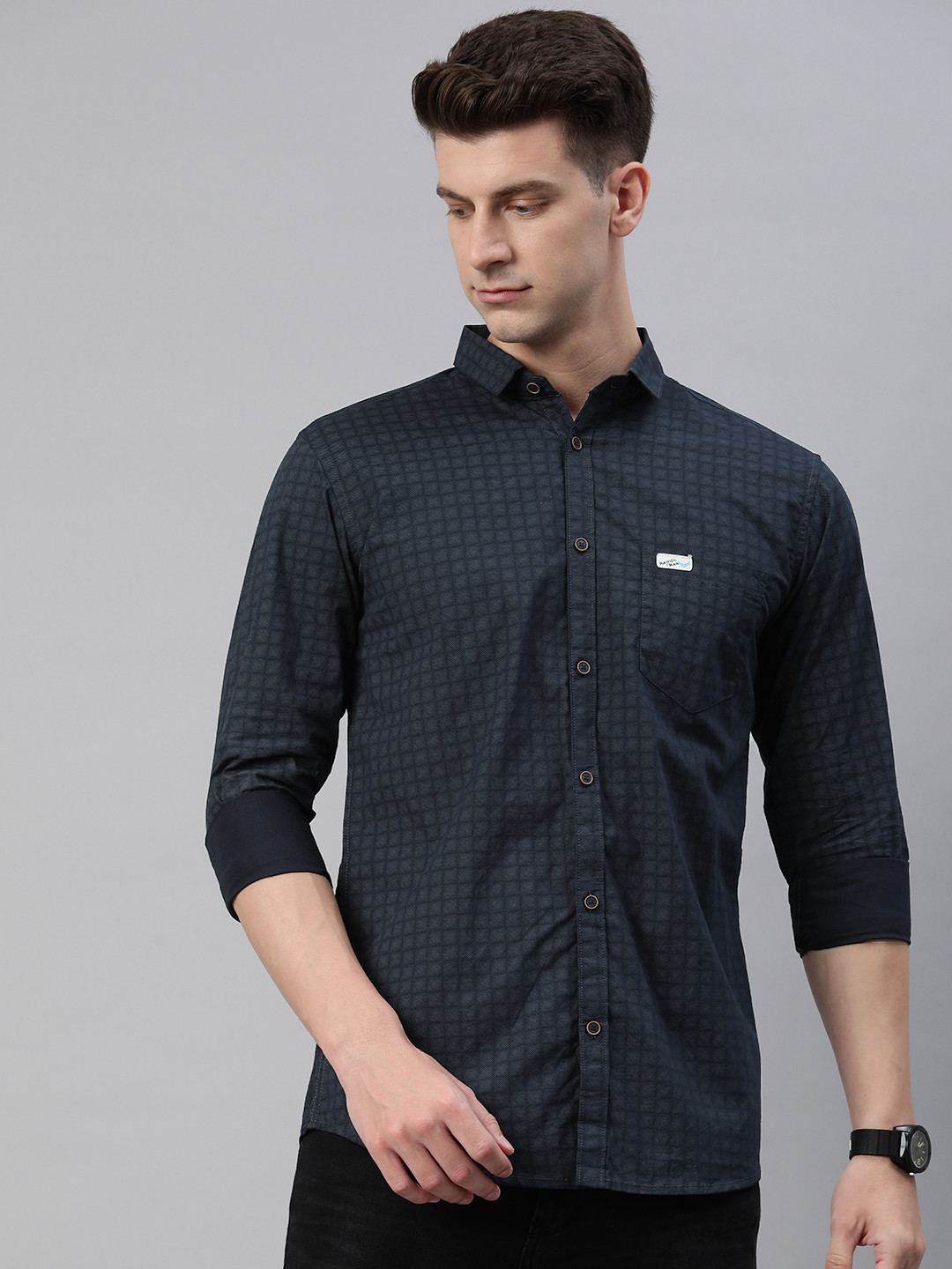 

Majestic Man Men Comfort Slim Fit Opaque Checked Pure Cotton Casual Shirt, Navy blue