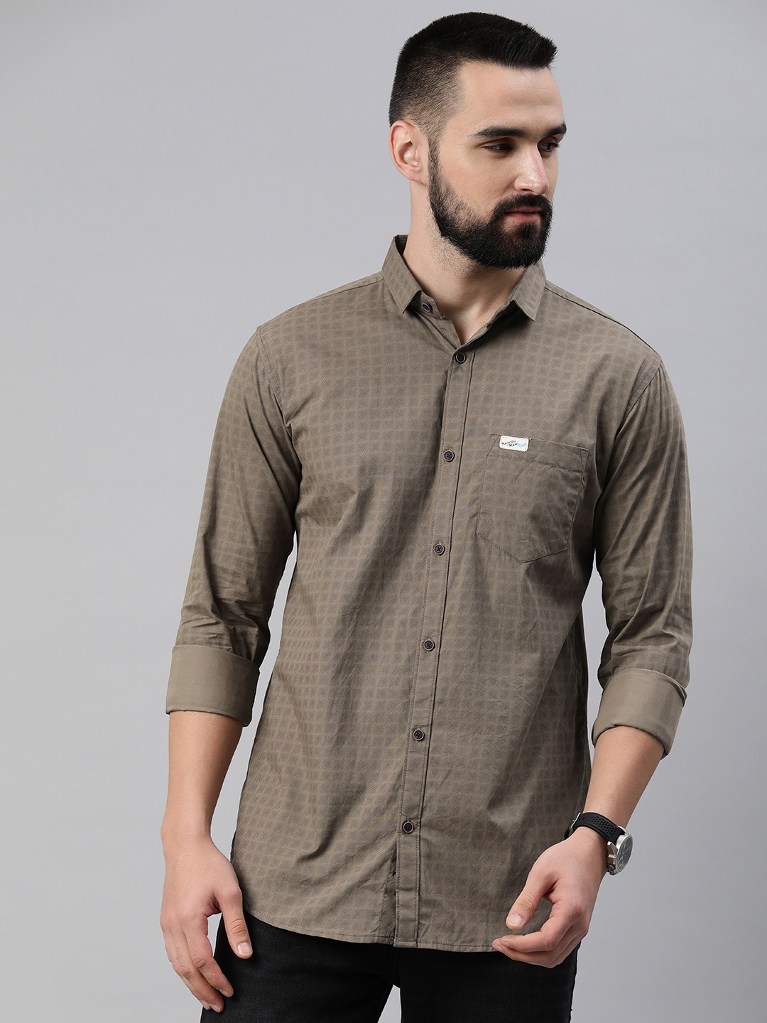 

Majestic Man Men Comfort Slim Fit Opaque Checked Pure Cotton Casual Shirt, Taupe