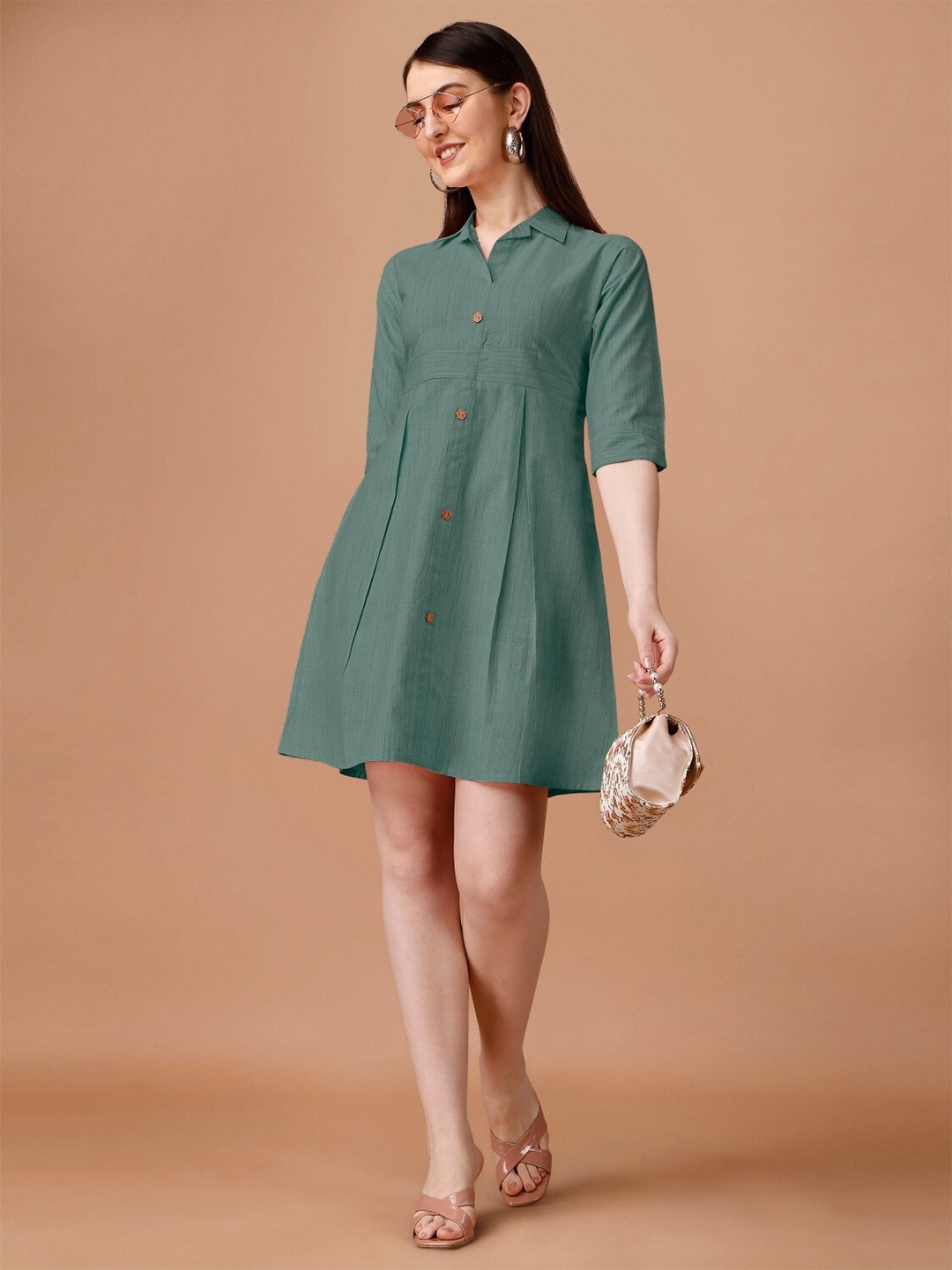 

Anouk Shirt Collar Cotton A-Line Dress, Green