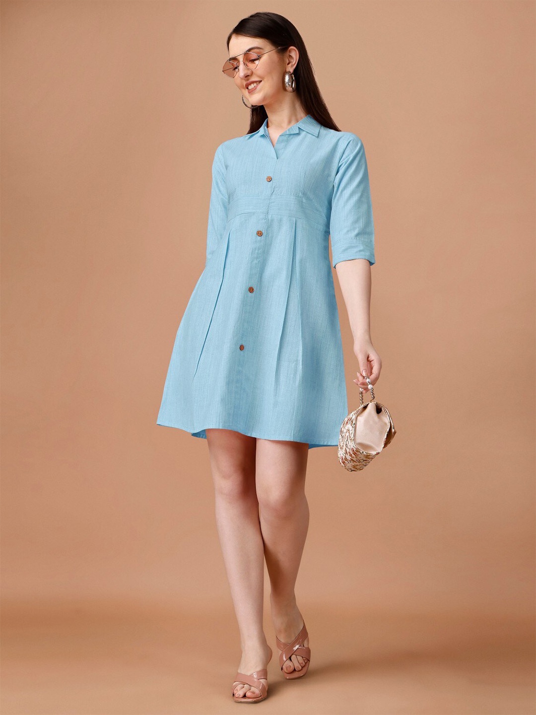 

Anouk Shirt Collar Cotton A-Line Dress, Blue