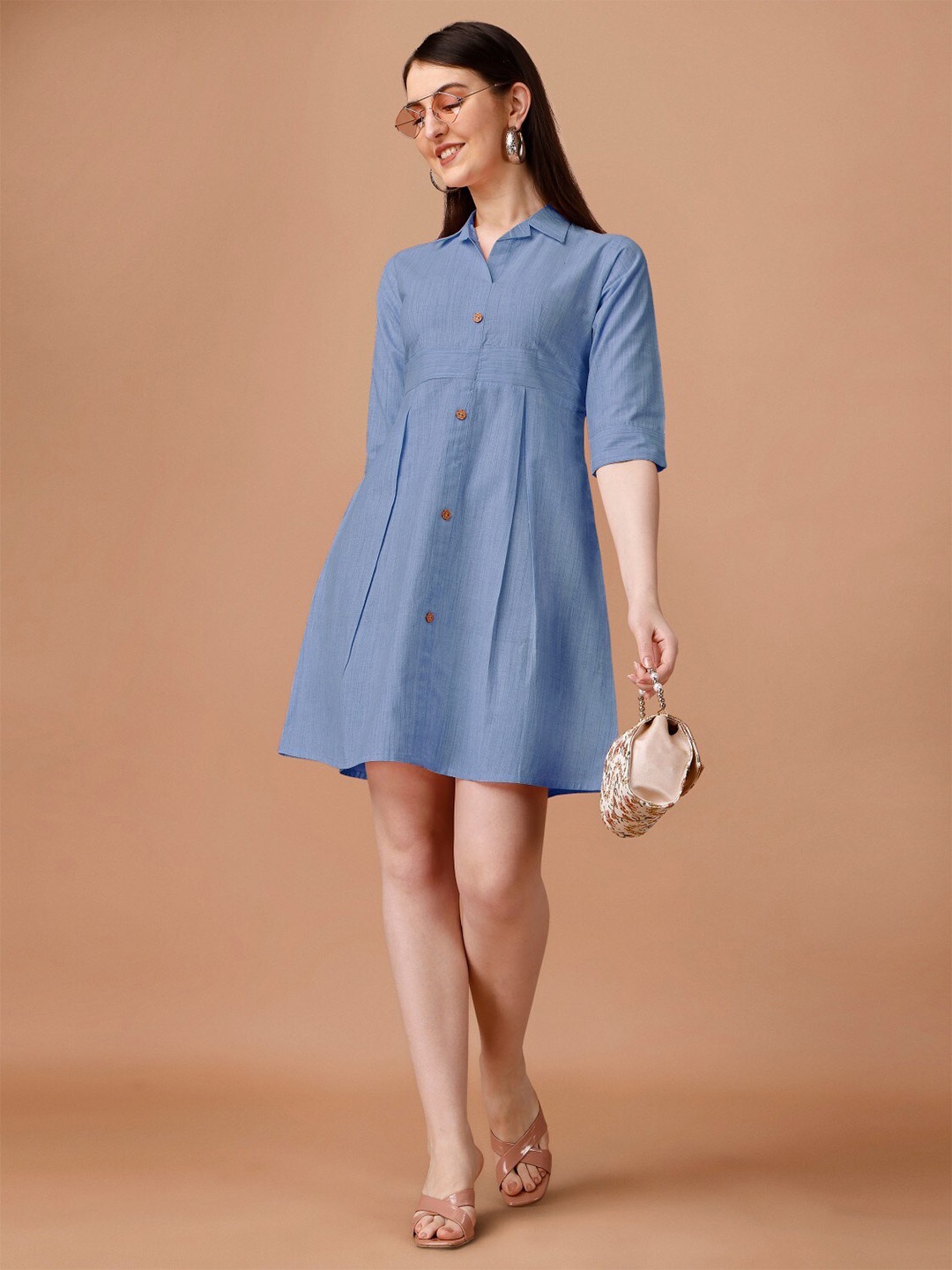 

Anouk Shirt Collar Cotton A-Line Dress, Blue