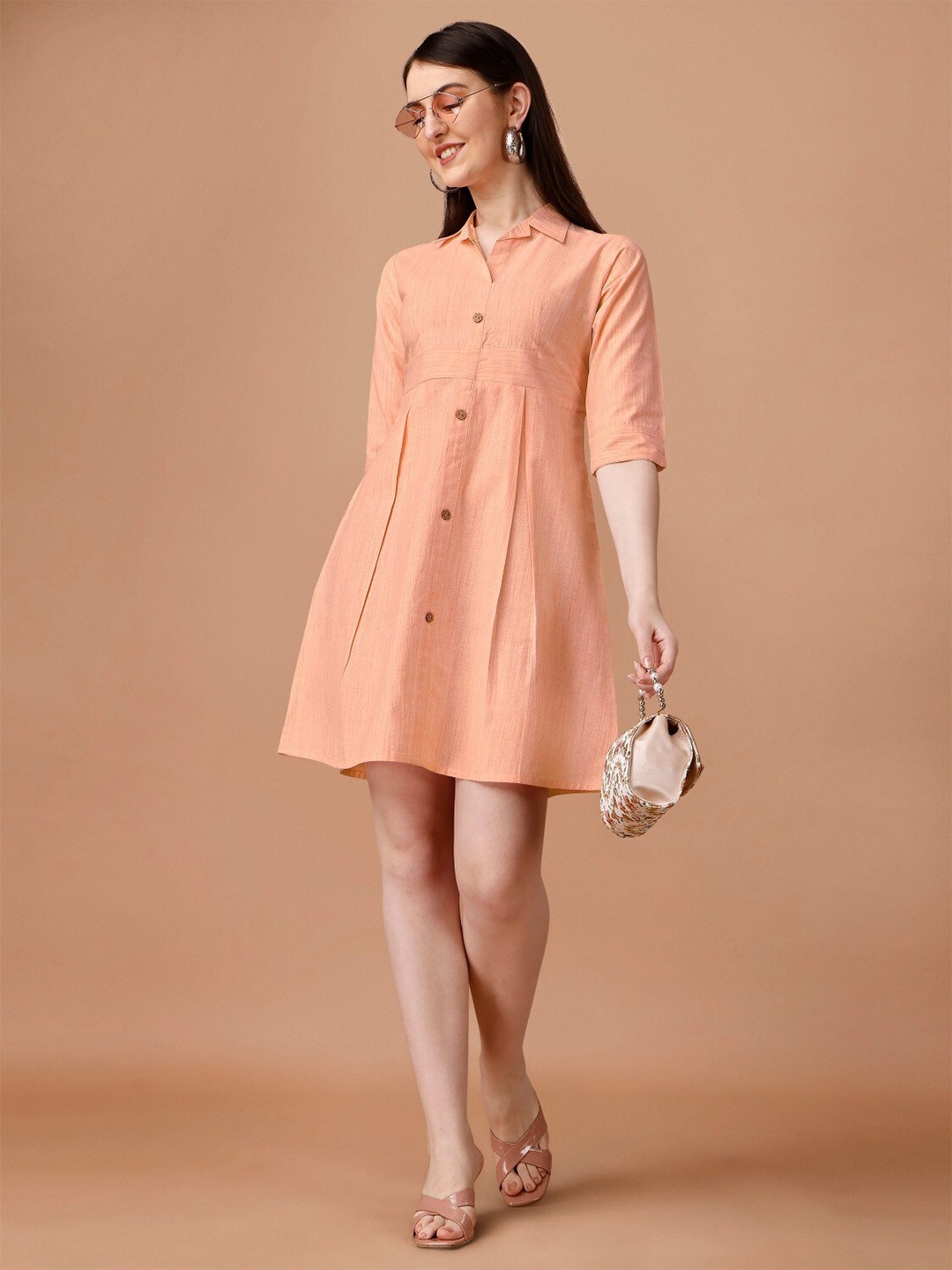 

Anouk Shirt Collar Cotton A-Line Dress, Peach