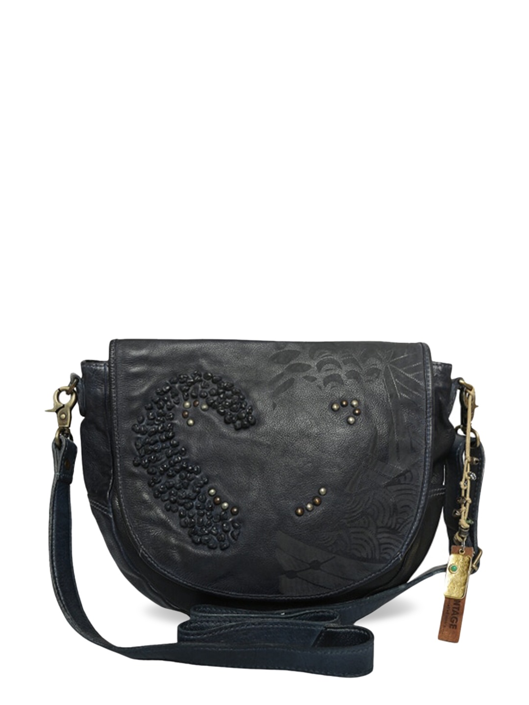 

ART N VINTAGE Blue Leather Structured Sling Bag with Cut Work