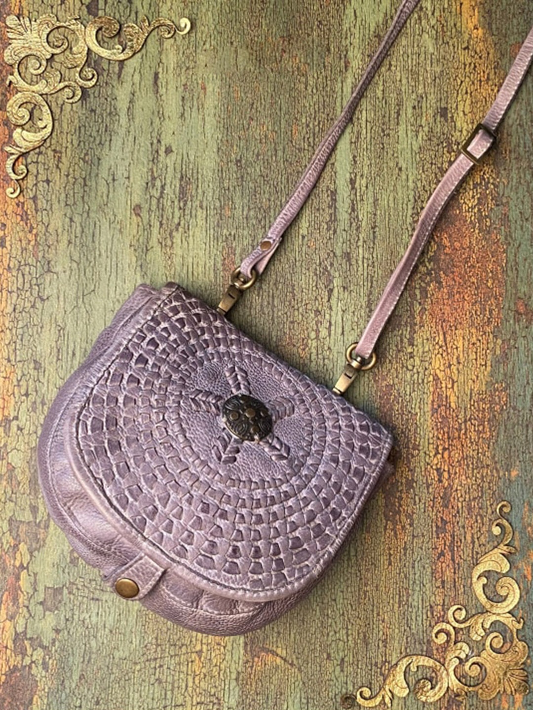 

ART N VINTAGE Grey Embellished Leather Half Moon Handheld Bag with Tasselled