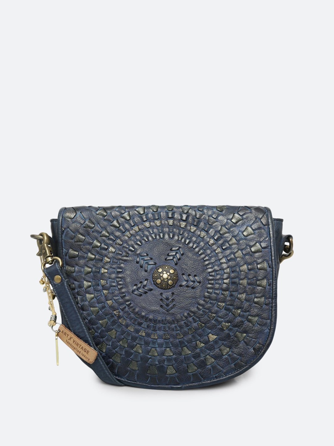 

ART N VINTAGE Textured Leather Structured Sling Bag, Navy blue