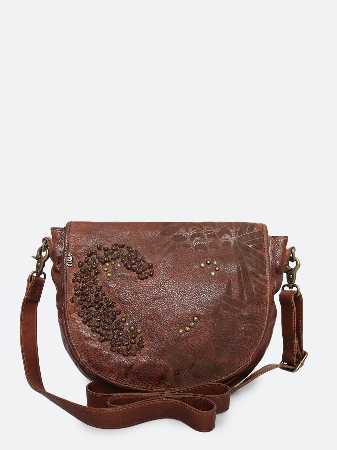 

ART N VINTAGE Embellished Leather Structured Sling Bag, Brown