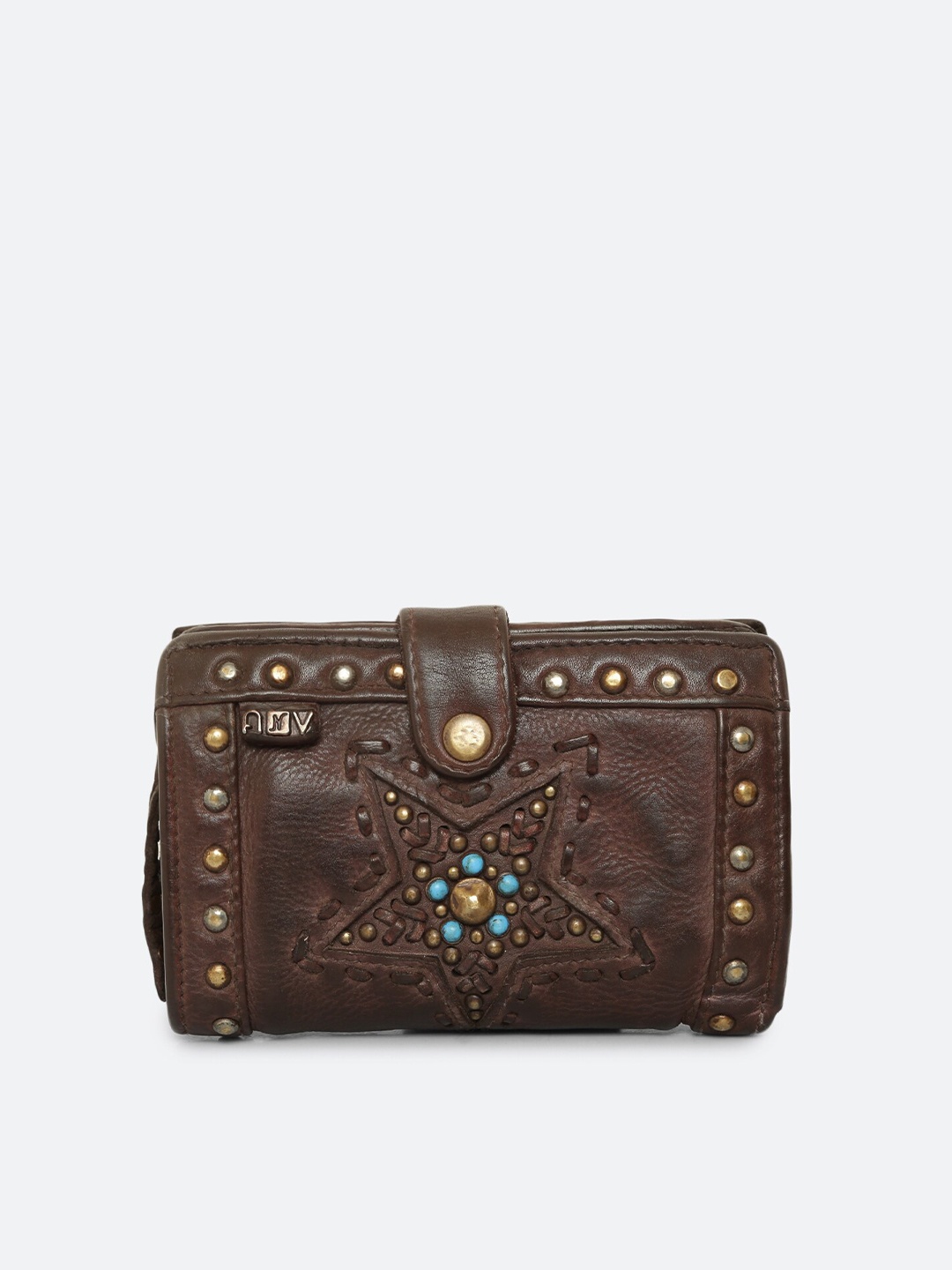 

ART N VINTAGE Embellished Leather Star Studded Small Wallet, Brown