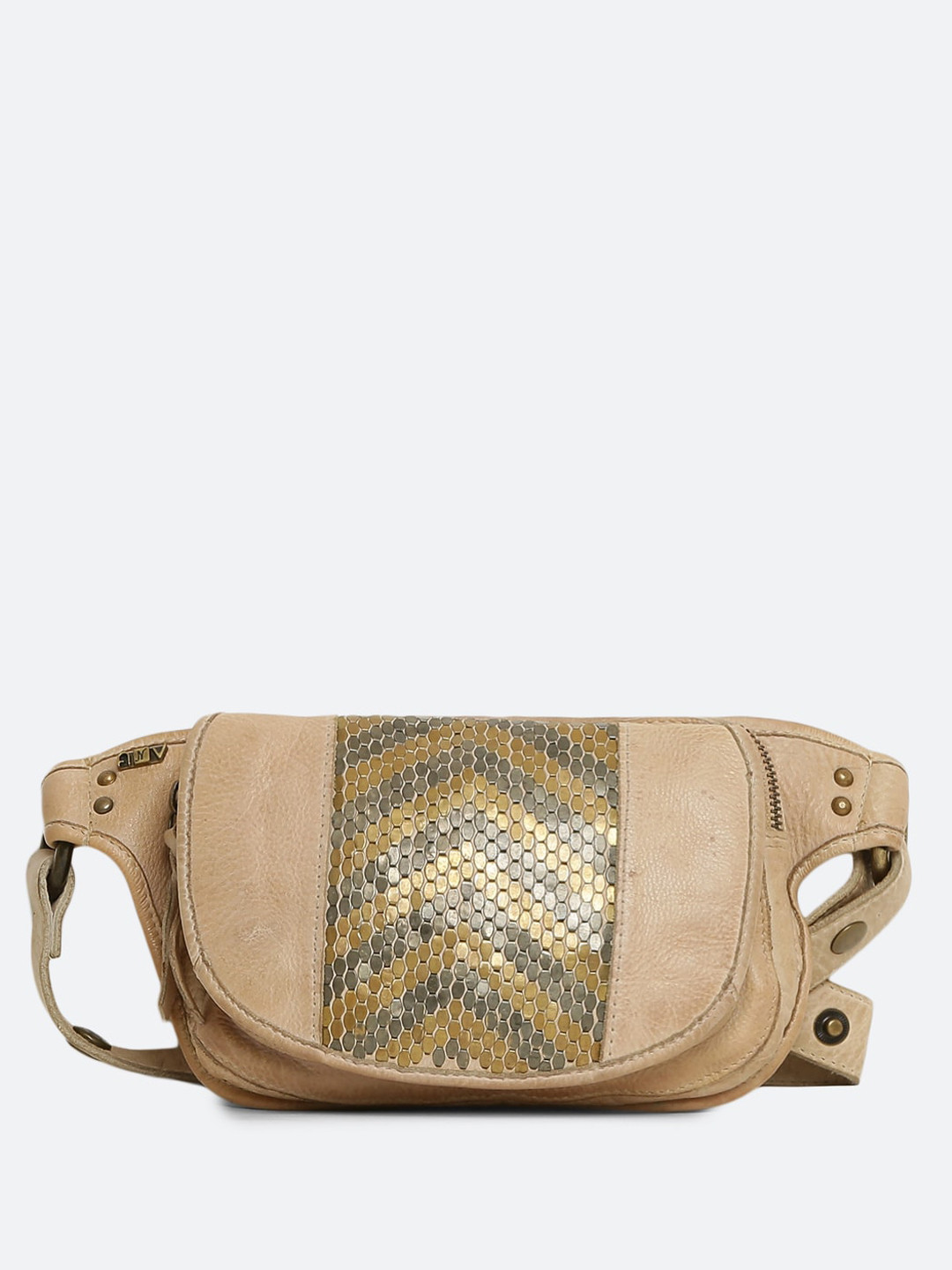 

ART N VINTAGE Textured Leather Cross Over Waist Pouch, Beige