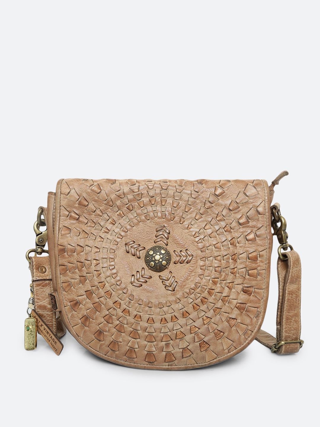 

ART N VINTAGE Textured Leather Structured Sling Bag, Nude