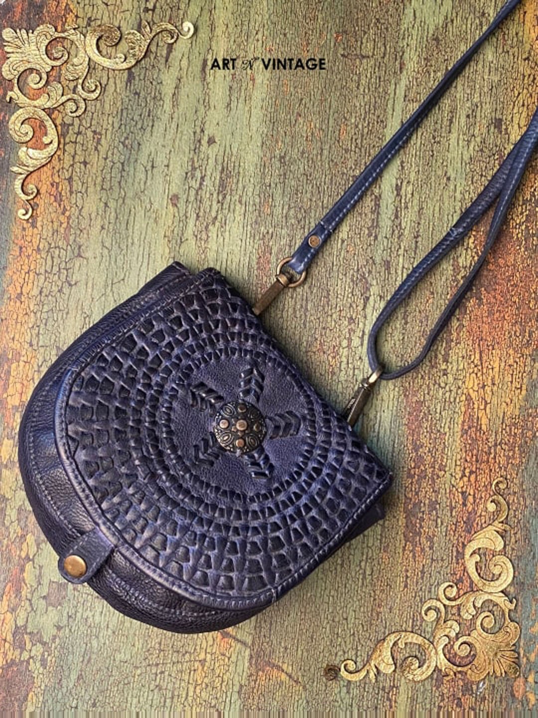 

ART N VINTAGE Leather Mandala Square Cross Body Sling Bag, Navy blue