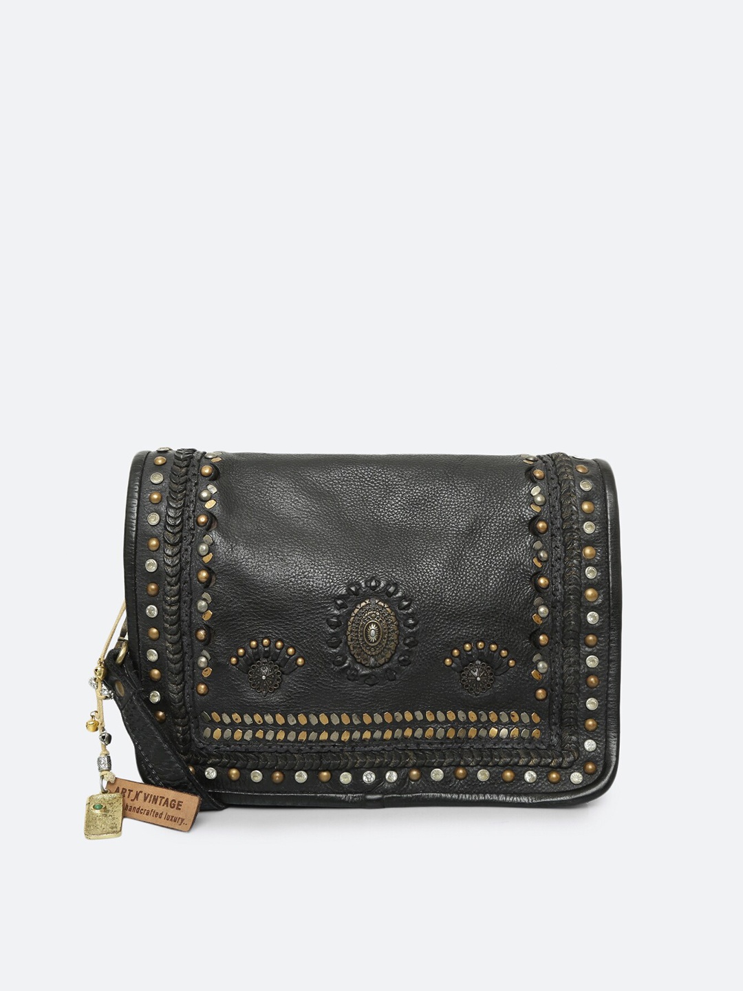

ART N VINTAGE SAvio Embellished Vegan Tan Leather Purse, Black