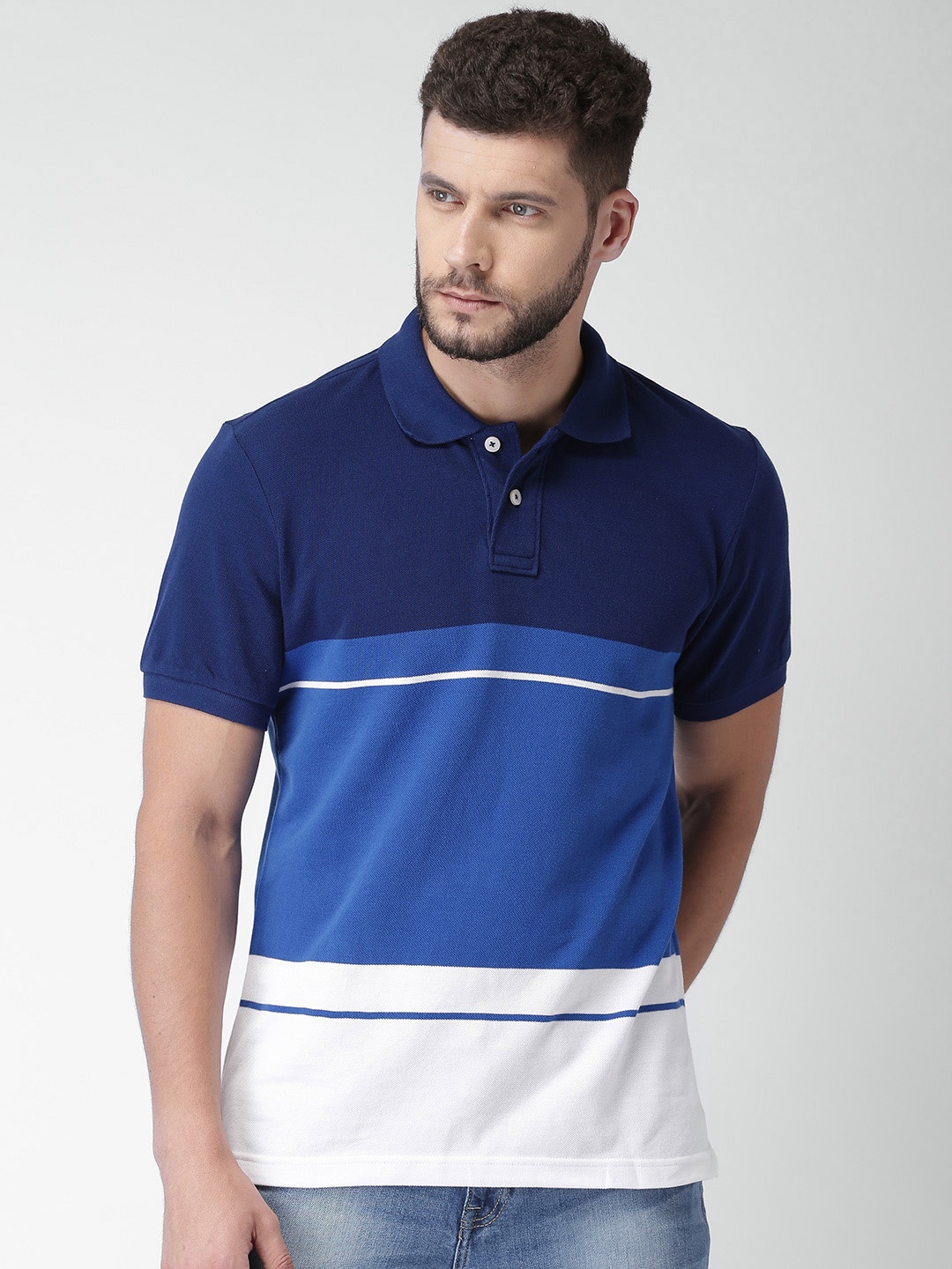 

Aeropostale Men Blue White Colourblocked Polo Collar Pure Cotton T-shirt