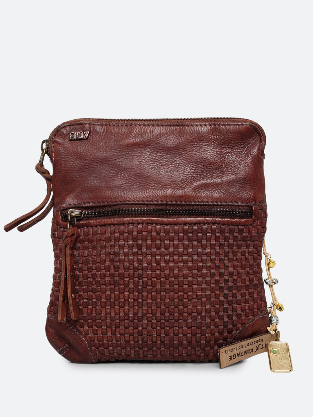 

ART N VINTAGE Textured Leather Structured Sling Bag, Brown