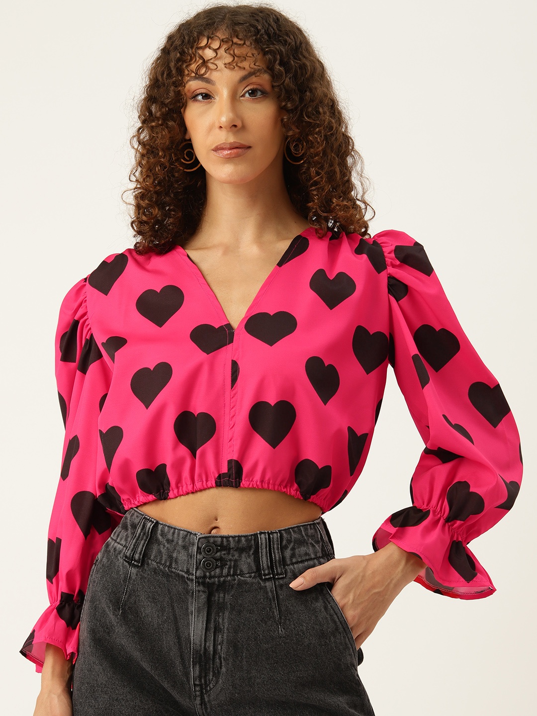

Sleek Italia Heart Printed Puff Sleeve Crepe Blouson Crop Top, Pink
