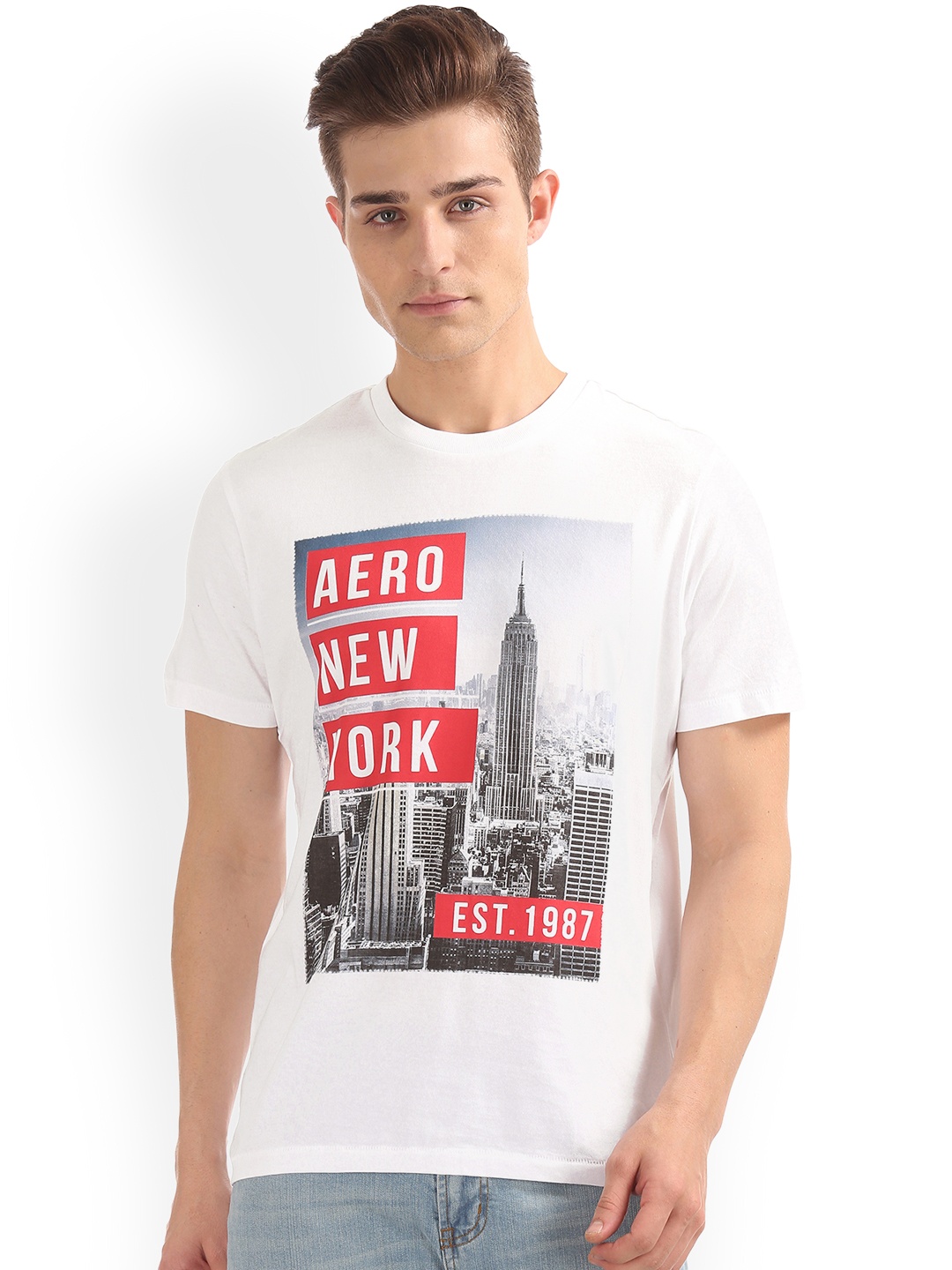 

Aeropostale Men White Printed Round Neck Pure Cotton T-shirt