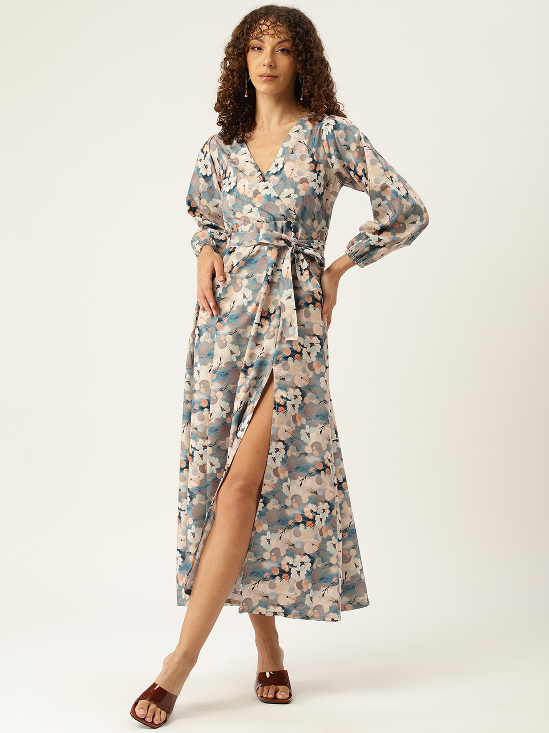 

Sleek Italia Floral Print Puff Sleeves Crepe Wrap Maxi Dress, Blue